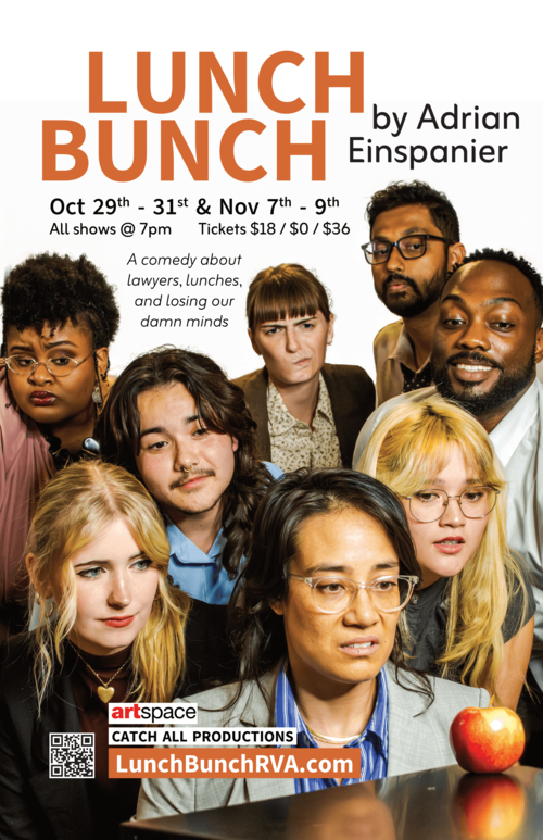 The poster for Lunch Nunch featuring the entire cast reacting to an apple alongside the title and ticket info for the play.