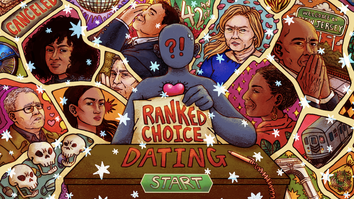 colorful title screen of Ranked Choice dating depicting the NYC mayoral candidates, illustrated by Sally Chen